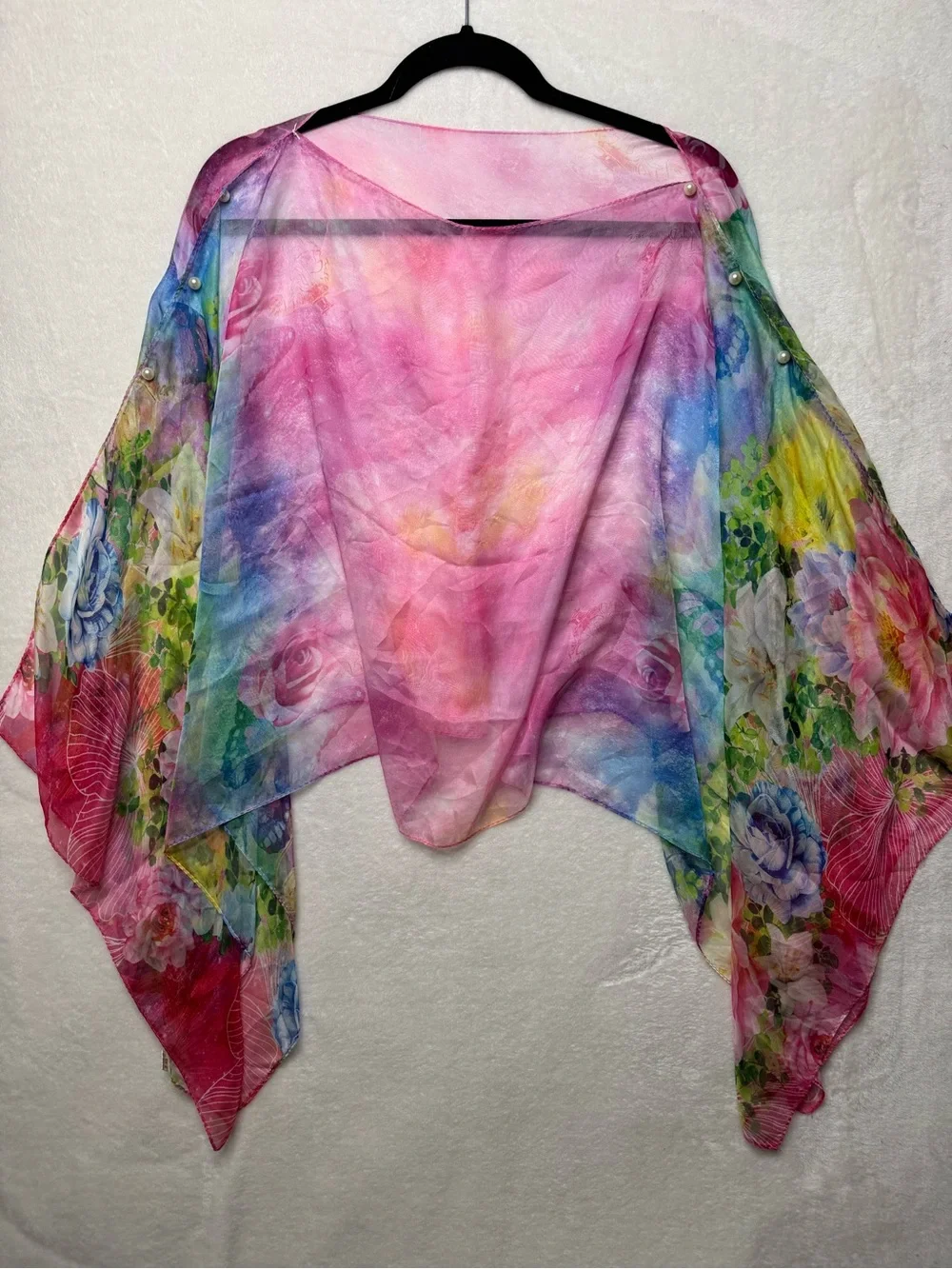 100% Silk Chiffon Sheer Floral Poncho Wrap Top Shawl Pearls Boho Resortwear